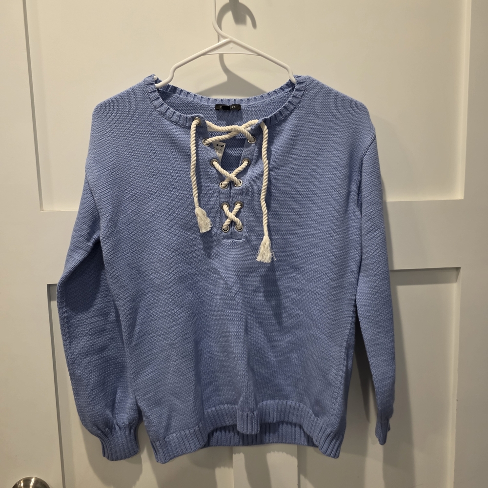 NWT Talbots Women's Lace Up Sweater Blue White XS Nautical Coastal Grandma